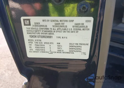 2003 GMC Yukon Slt z USA, uszkodzony, nr VIN 1GKEK13T03R238981